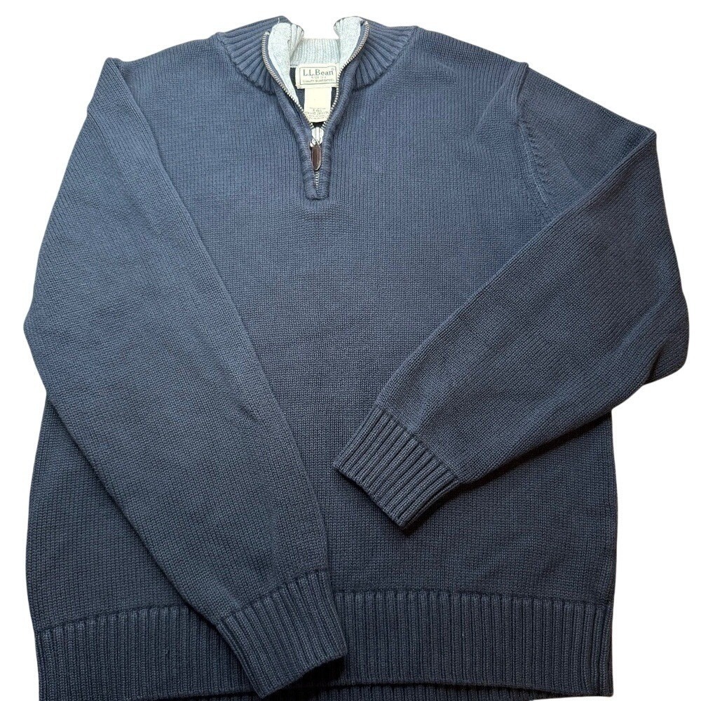 LL Bean Sweater Mens S Blue Quarter Zip Cotton Knit Mock Neck Nautical Coastal